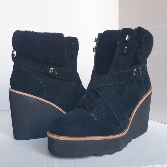 Coach Kenna Black Suede & Real Sheep Fur Wedge Ankle Winter Booties Sz 7.5 - Picture 2 of 16